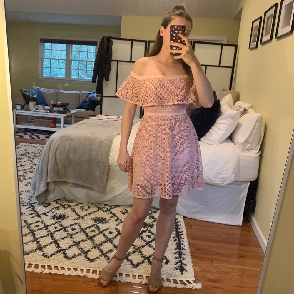 Bardot Eyelet Off The Shoulder Derby Dress in Light Pink